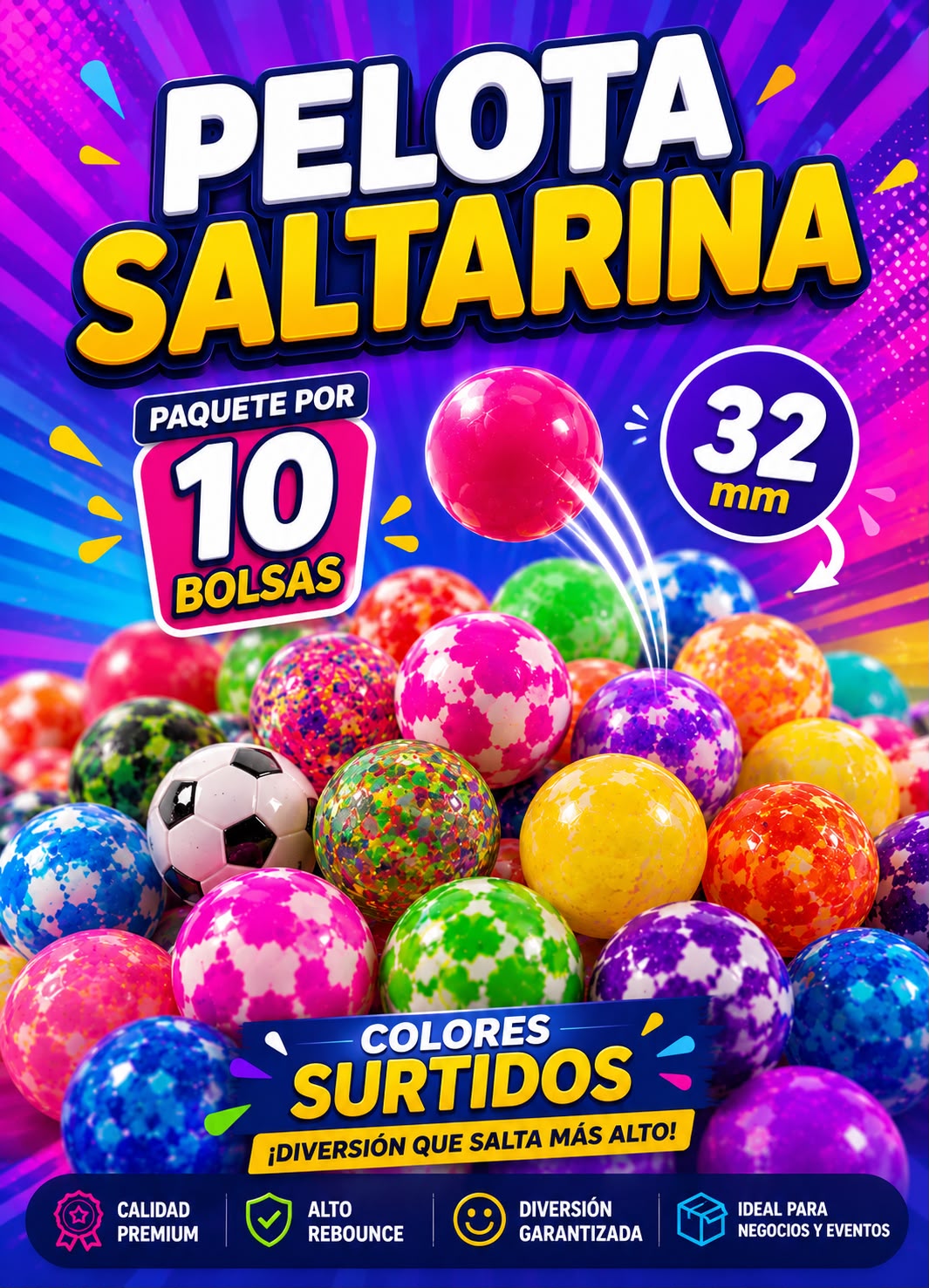 Pack de pelotas locas saltarinas de 32 mm x 10 unidades