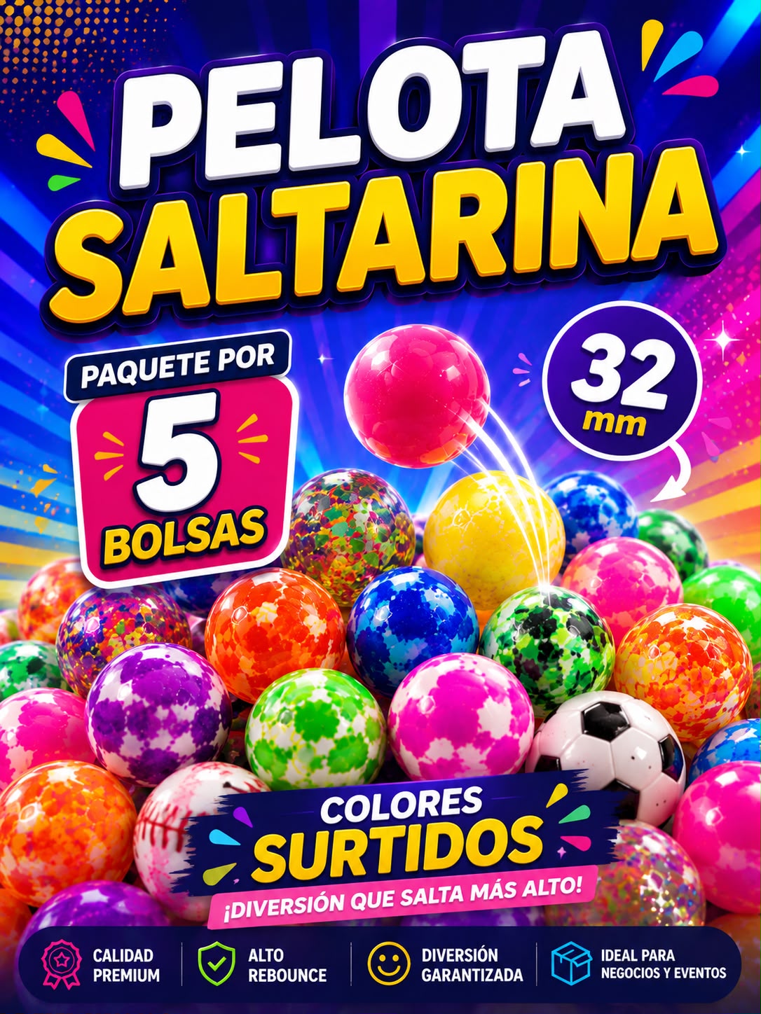 Pack de Pelotas Locas Saltarinas de 32 mm x 5 unidades